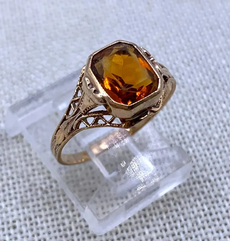 Antique 10k Yellow Gold Victorian Rectangular High Rise Filigree Citrine Ring from auction in Dundee, Ohio