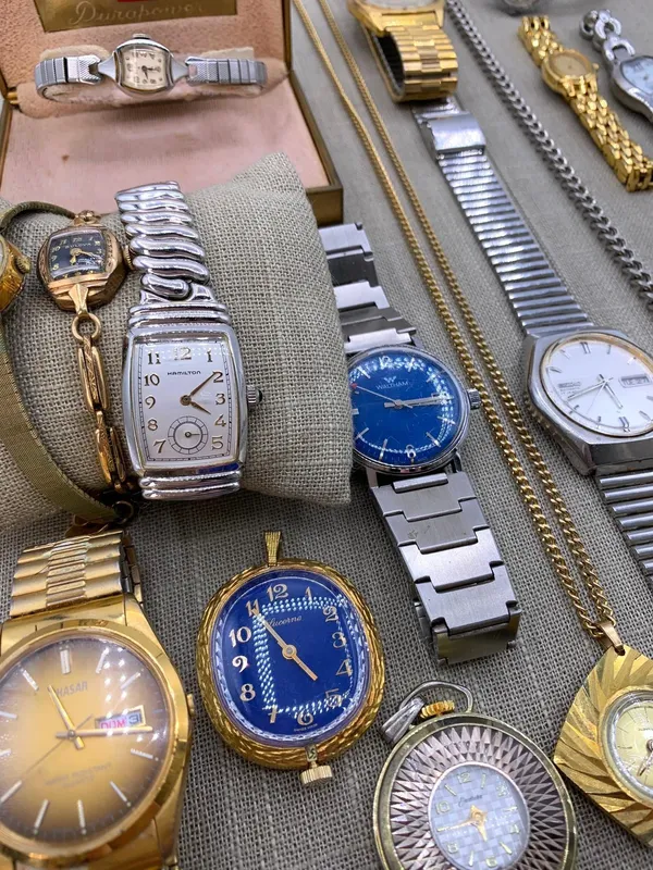 16 pc Vintage Lucerne, Brodek, Elgin, Waltham, Bulova, Hamilton Wrist & Pocket Watch Collection from auction in Dundee, Ohio