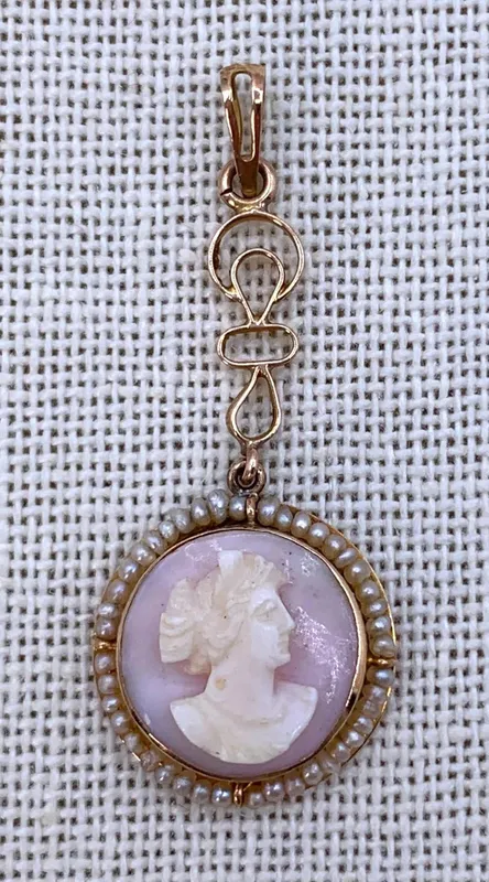 Timeless Antique 10k Gold Carved Blush Pink Cameo Seed Pearl Lavalier Necklace Pendant from auction in Dundee, Ohio