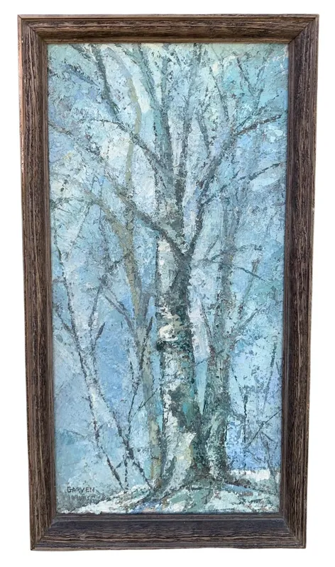 Outstanding Vintage 1967 Oil on Board Wood Framed Artist Signed GARVEN Birch Tree Forest Painting from auction in Dundee, Ohio