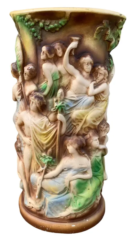 Large Mid Century Dimensional High Relief Dionysian Roman Garden Bath Festival Chalkware Vase from auction in Dundee, Ohio