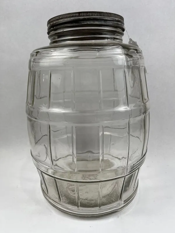 Molded Glass Barrel Store Counter Jar from auction in Dundee, Ohio
