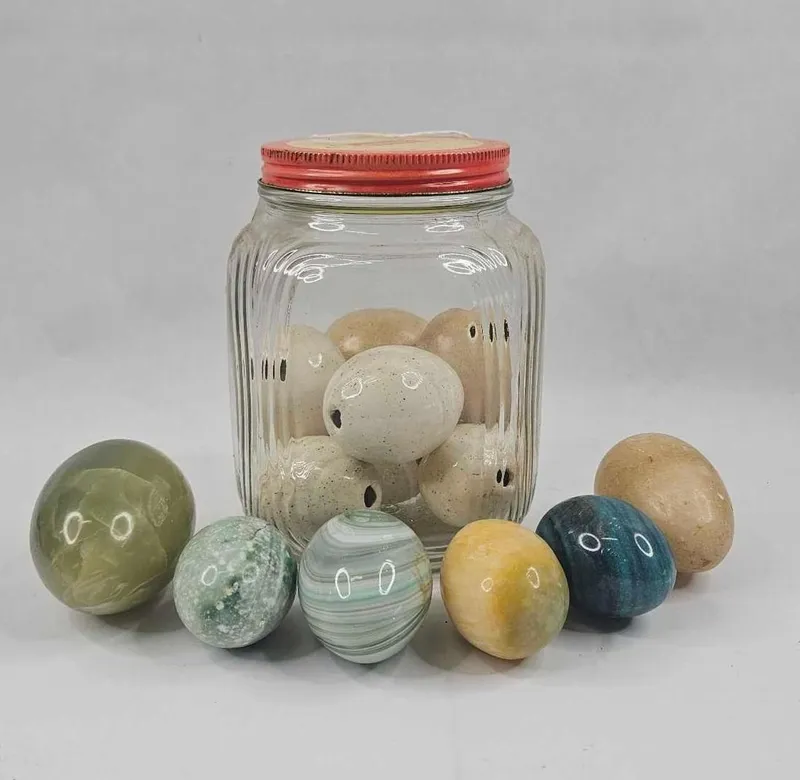 Armour Jar & Stone & Glass Eggs from auction in Dundee, Ohio