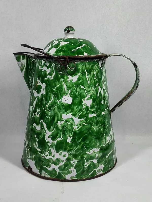 Green and White Swirl Graniteware Coffee Pot from auction in Dundee, Ohio