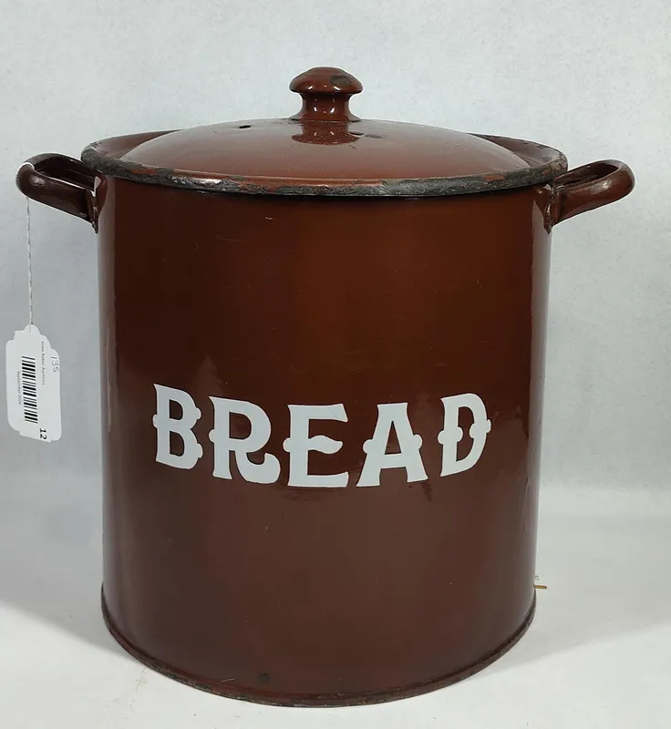 Gebruder Bing Enameled Metal Bread Bin from auction in Dundee, Ohio