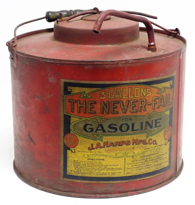 The Never-Fail For Gasoline tin from auction in Shipshewana, Indiana