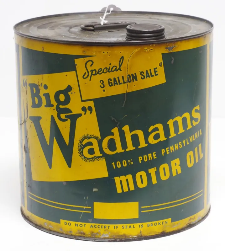 3-gallon Big Wadhams Motor Oil tin from auction in Shipshewana, Indiana