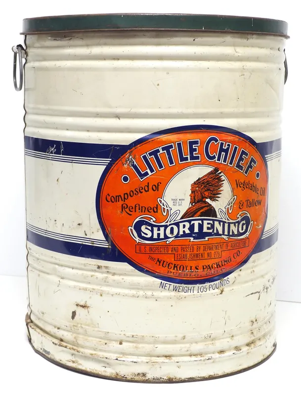105-lb Little Chief Shortening tin from auction in Shipshewana, Indiana