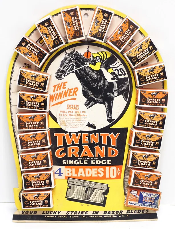 Twenty Grand Razor Blade Display from auction in Shipshewana, Indiana