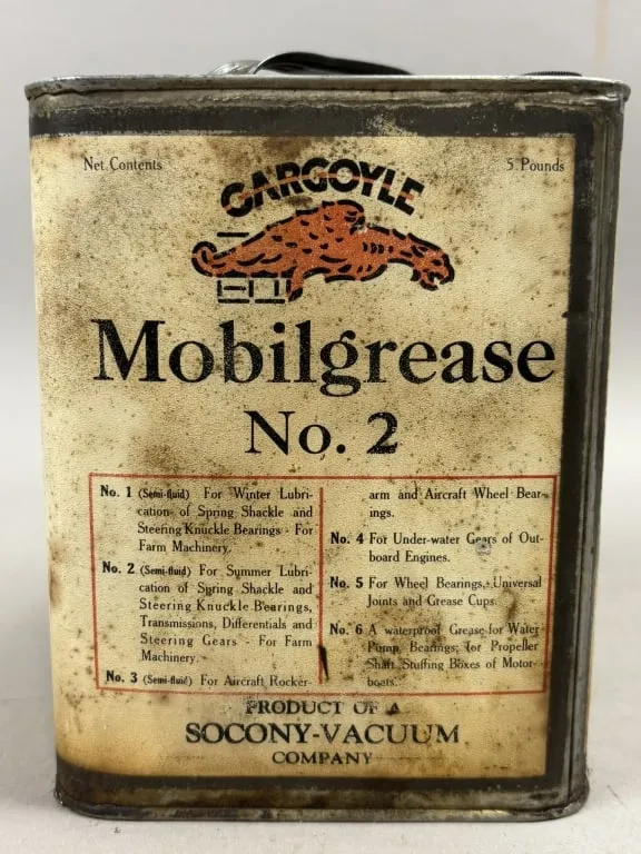 1920s Mobilgrease No 2 5LB Grease Can w/ Gargoygle from auction in Jackson, Michigan