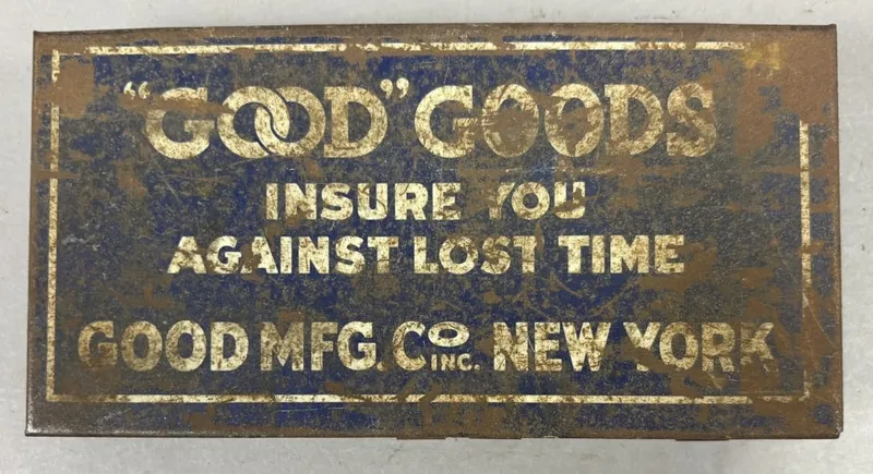 "Good" Goods Asbestos Graphited Washer Metal Tin from auction in Jackson, Michigan