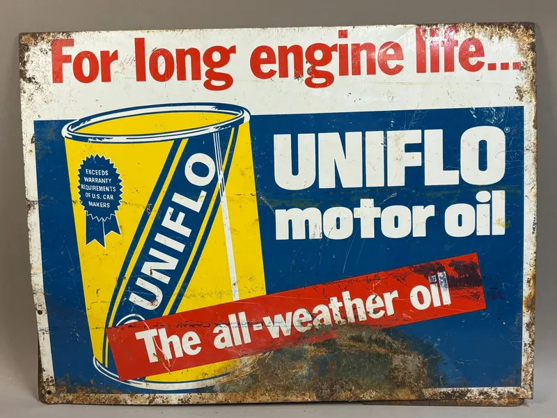 Uniflo Motor Oil Double Sided Metal Gas Station Ad from auction in Jackson, Michigan