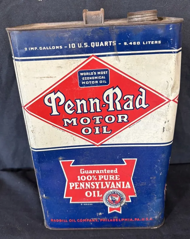 Penn-Rad Motor Oil 2 Imperial Gallons Quart Metal Can from auction in Jackson, Michigan
