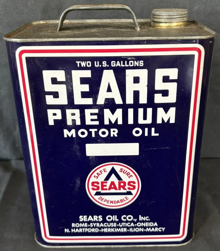Sears Premium Motor Oil 2 Gallon Motor Oil Can w/ Sign Pole from auction in Jackson, Michigan