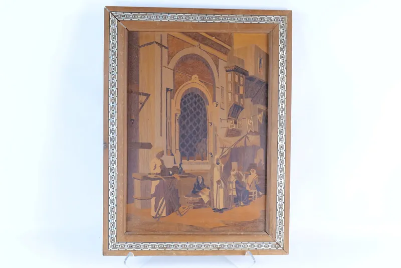 Inlaid Wood Panel - Market Scene from auction in Williamstown, New Jersey