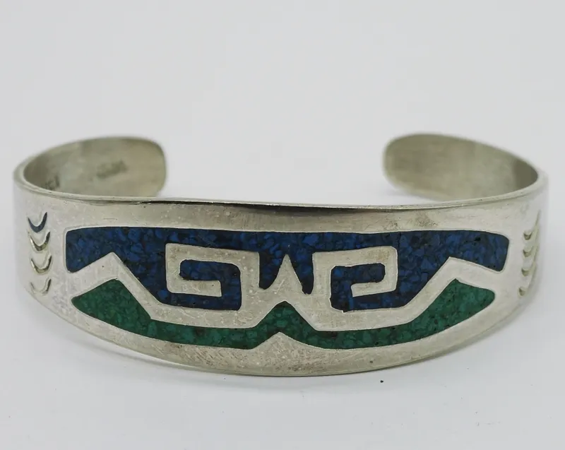 Alpaca Mexico Cuff Bracelet, Stone Inlay from auction in Ottawa, Ohio