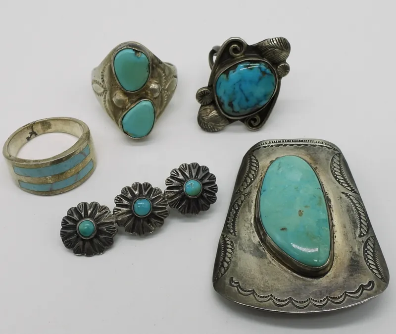 Sterling Turquoise Lot, 5pc Rings Pin Bolo from auction in Ottawa, Ohio