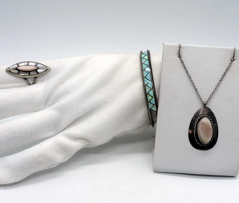Mother of Pearl & Opal Cuff, Ring & Necklace from auction in Ottawa, Ohio