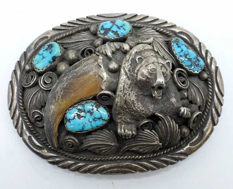 Navajo 925 Turquoise & Bear Claw Belt Buckle from auction in Ottawa, Ohio