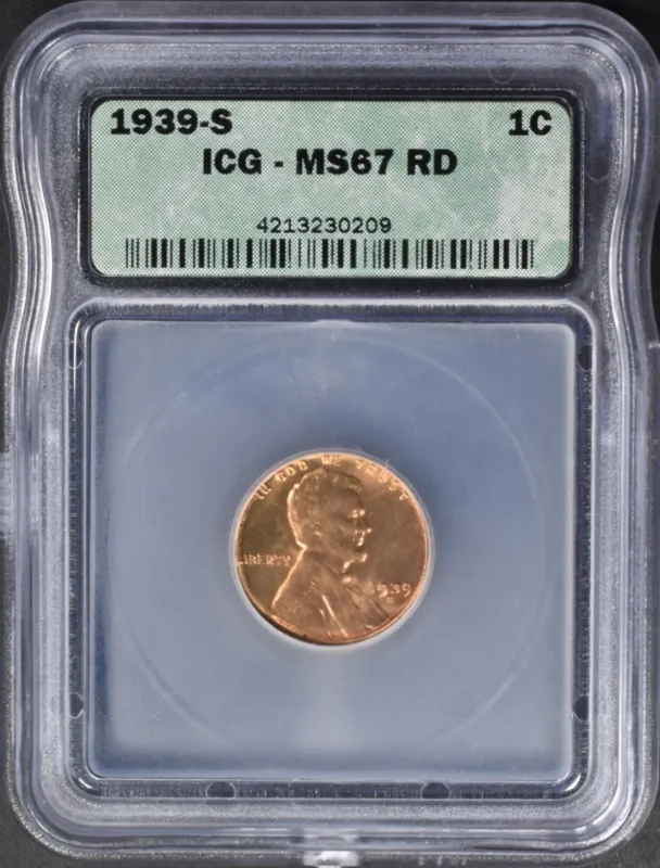 1939-S Lincoln Cent MS67 RD ICG from auction in Ottawa, Ohio