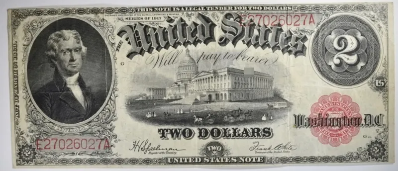 1917 $2 Legal Tender  SN E27026027A from auction in Ottawa, Ohio