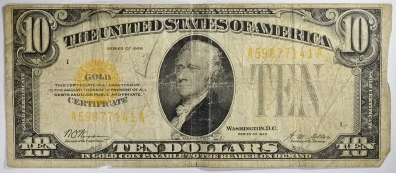 1928 $10 Gold Certificate  SN A59877141A from auction in Ottawa, Ohio