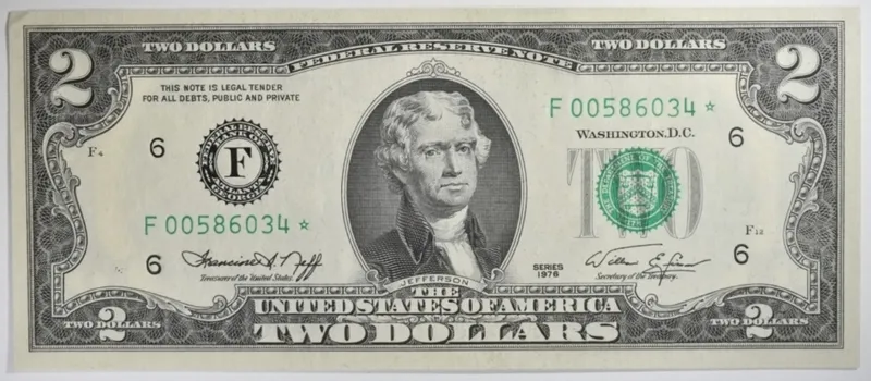 1976 $2 Star Note  SN F00586034* from auction in Ottawa, Ohio