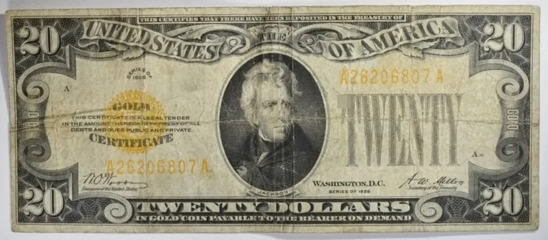1928 $20 Gold Certificate  SN A26206807A from auction in Ottawa, Ohio