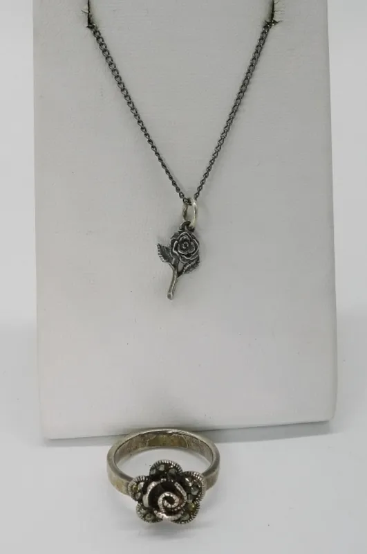 Sterling Marcasite Rose Ring & Pendant from auction in Ottawa, Ohio