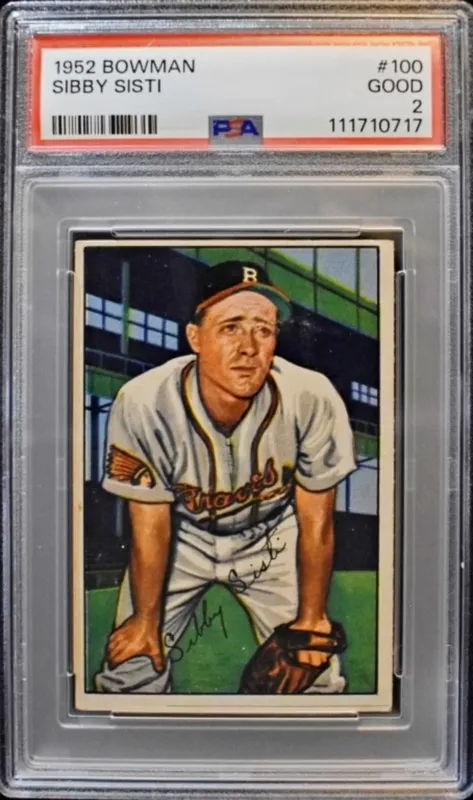 1952 Bowman #100 Sibby Sisti PSA 2 from auction in Ottawa, Ohio