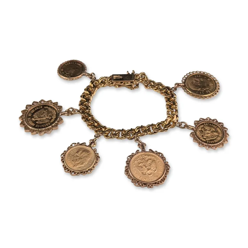 18K and 14K Gold Mexican Peso Coin Charm Bracelet from auction in Hollywood, Florida