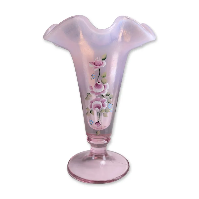 Christy Riggs Signed Fenton Pink Opalescent Hand-Painted Glass Vase from auction in Hollywood, Florida