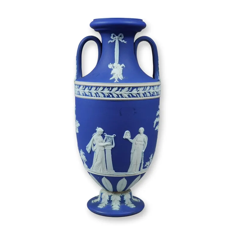 Wedgwood Cobalt Blue Jasperware Apollo and the Muses Amphora Vase from auction in Hollywood, Florida