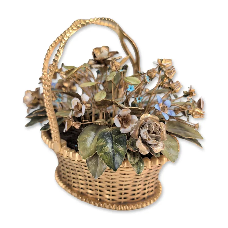 Jane Hutcheson for Gorham Fleurs des Siecles Style Gilded Metal Enameled Floral Basket Centerpiece from auction in Hollywood, Florida