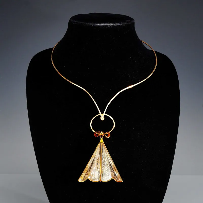 Steuben 18K Gold and Engraved Crystal Triangular Moth Pendant Necklace with Box from auction in Hollywood, Florida