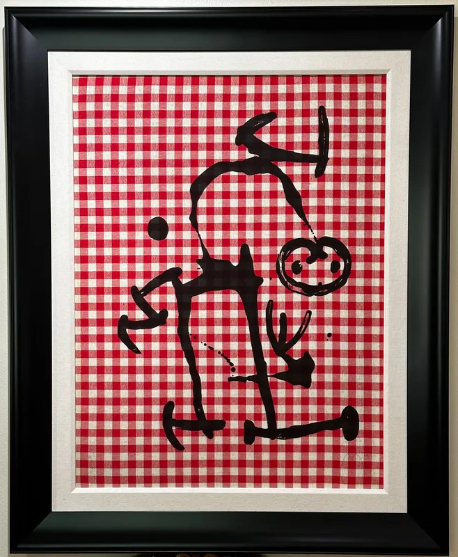 Joan Miro (Spanish 1893-1983) Color Lithograph on red and white cloth on Mandeure Chiffon mounted on from auction in Hollywood, Florida