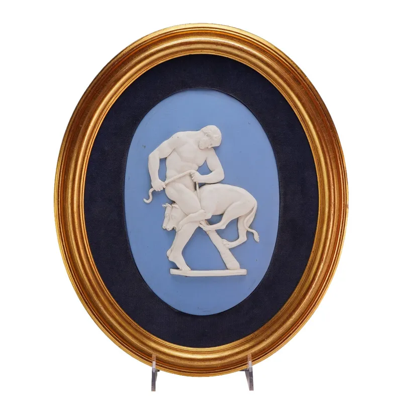 Wedgwood Blue and White Jasperware Oval Plaque Framed, Hercules and Cerberus from auction in Hollywood, Florida