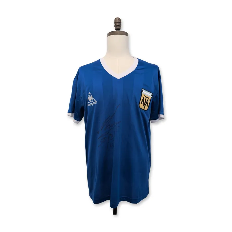 Le Coq Sportif Argentina Maradona Signed 1986 Away Soccer Jersey from auction in Hollywood, Florida