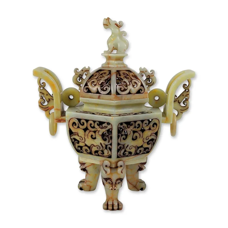 Chinese Archaic Style Carved Pale Celadon Hardstone Covered Censer from auction in Hollywood, Florida