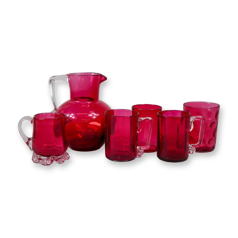 6pc Handblown Cranberry Glass Beverage Set from auction in Hollywood, Florida