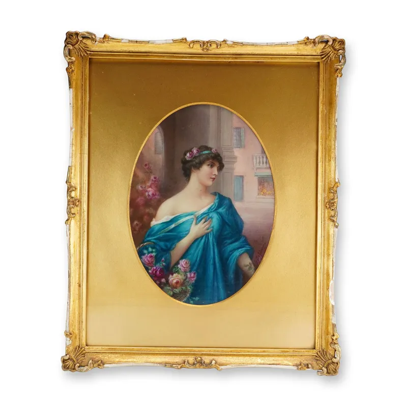 Framed Leslie Johnson Hand-Painted Plaque, Portrait of a Young Lady in Blue from auction in Hollywood, Florida