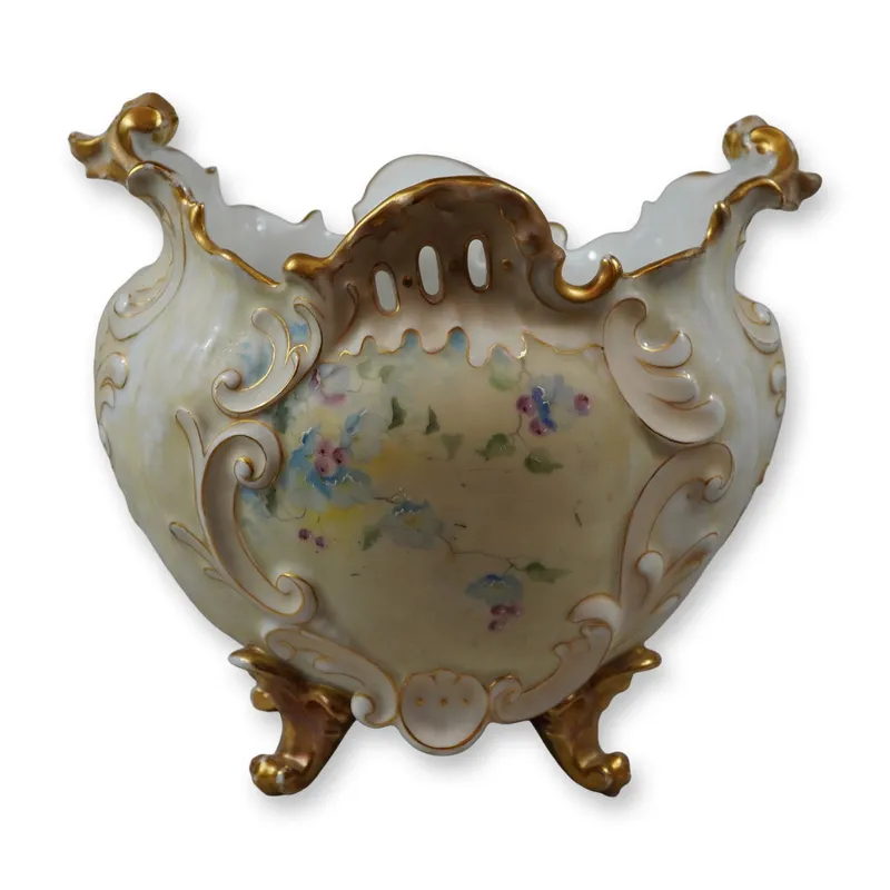 Rococo Revival Footed Porcelain Centerpiece Bowl with Gilded Accents and Floral Motif from auction in Hollywood, Florida
