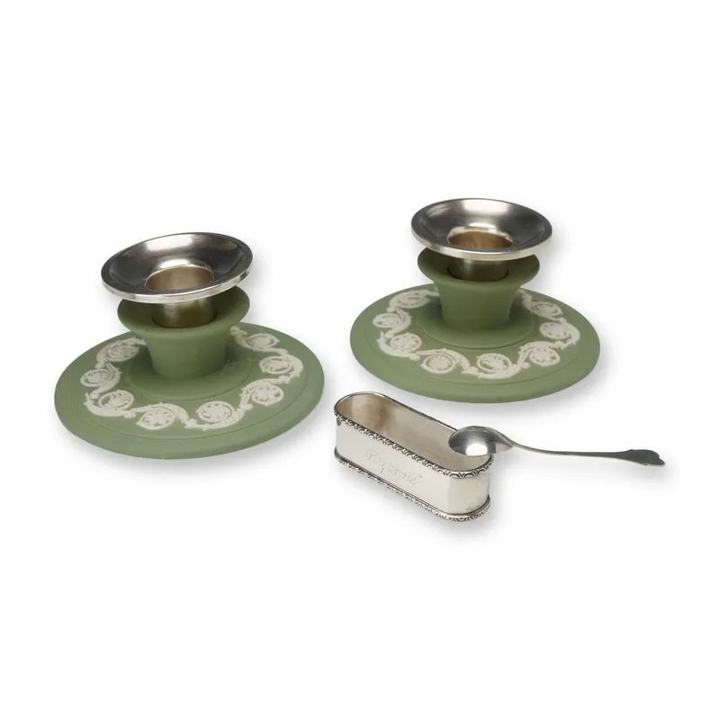 A 4pc Collection of Wedgwood Jasperware Candle Holders and Sterling Silver Table Articles from auction in Hollywood, Florida