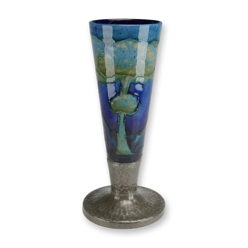 Moorcroft Pottery and Tudric Pewter Mounted Vase, Moonlit Blue from auction in Hollywood, Florida