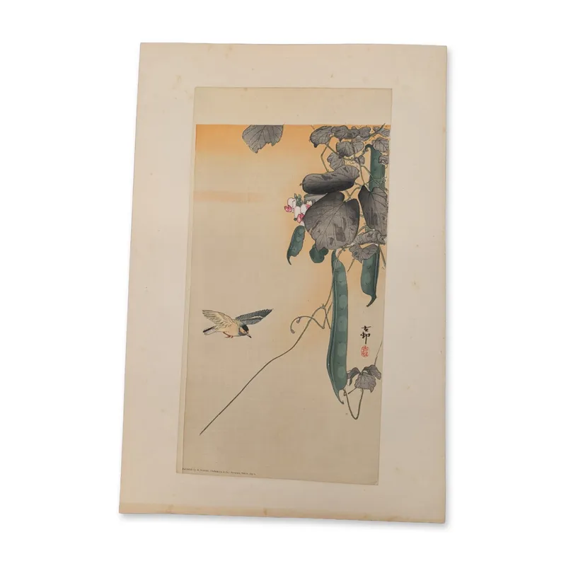 Ohara Koson (Japanese, 1877-1945) Bird at Flowering Bean Plant Woodblock Print from auction in Hollywood, Florida