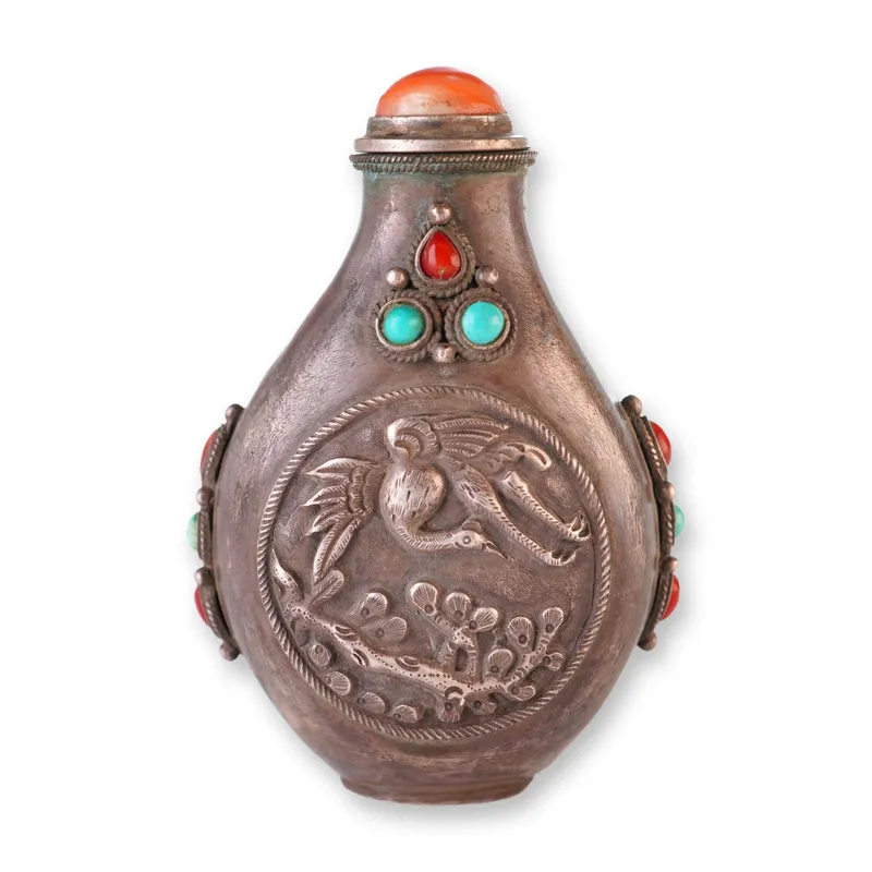 Mongolian Silver Repousse Snuff Bottle, Crane and Branch from auction in Hollywood, Florida