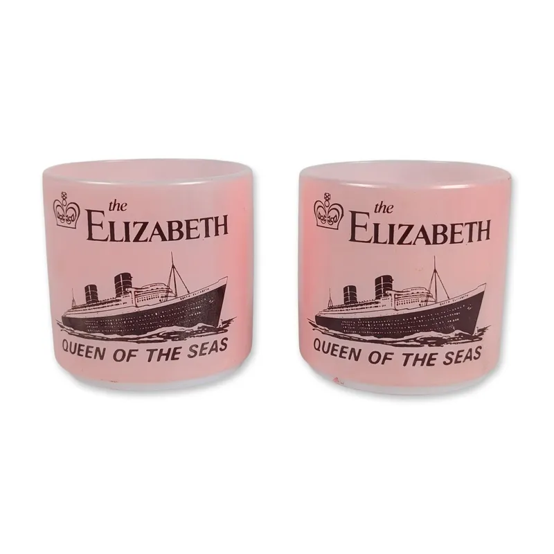 Pair of Vintage RMS Queen Elizabeth Pink Souvenir Ocean Liner Mugs from auction in Hollywood, Florida