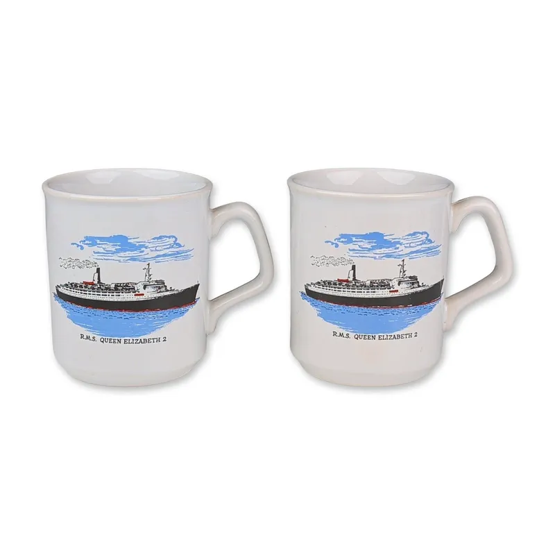 2pc Tams for RMS Queen Elizabeth II Mugs from auction in Hollywood, Florida