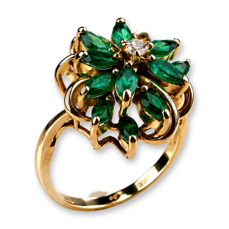 Vintage 14K Yellow Gold Emerald and Diamond Floral Cluster Ring from auction in Hollywood, Florida