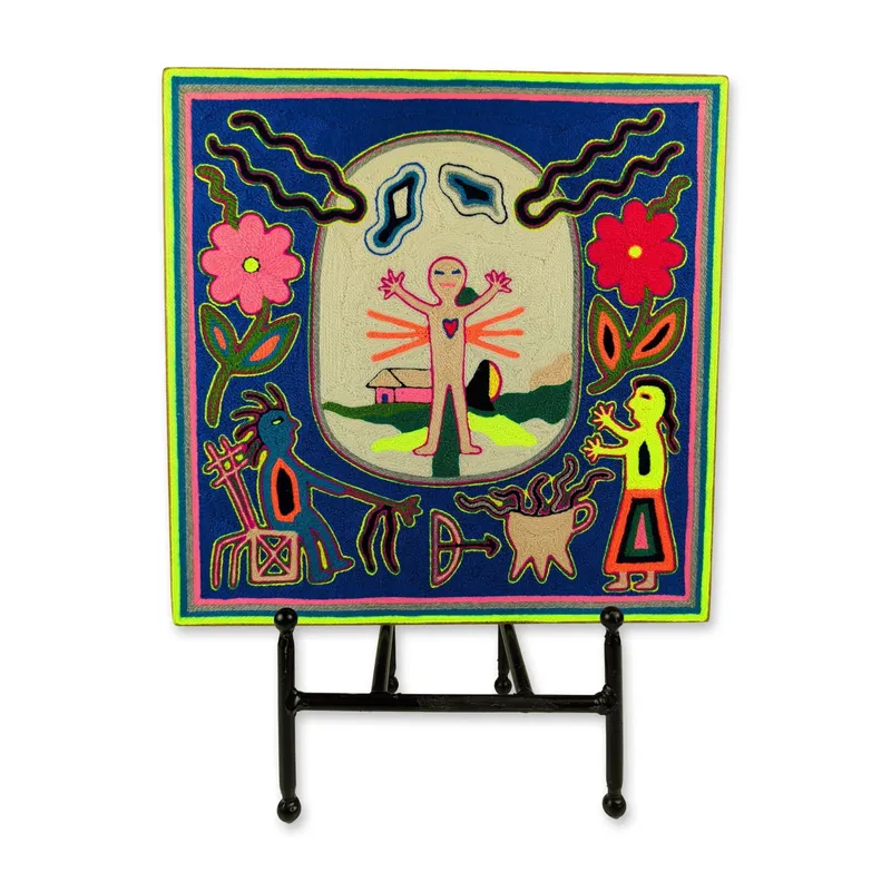 Antonio Lopez Pinedo Huichol Anthropomorphic Sun Portal Nierika Yarn Painting from auction in Hollywood, Florida